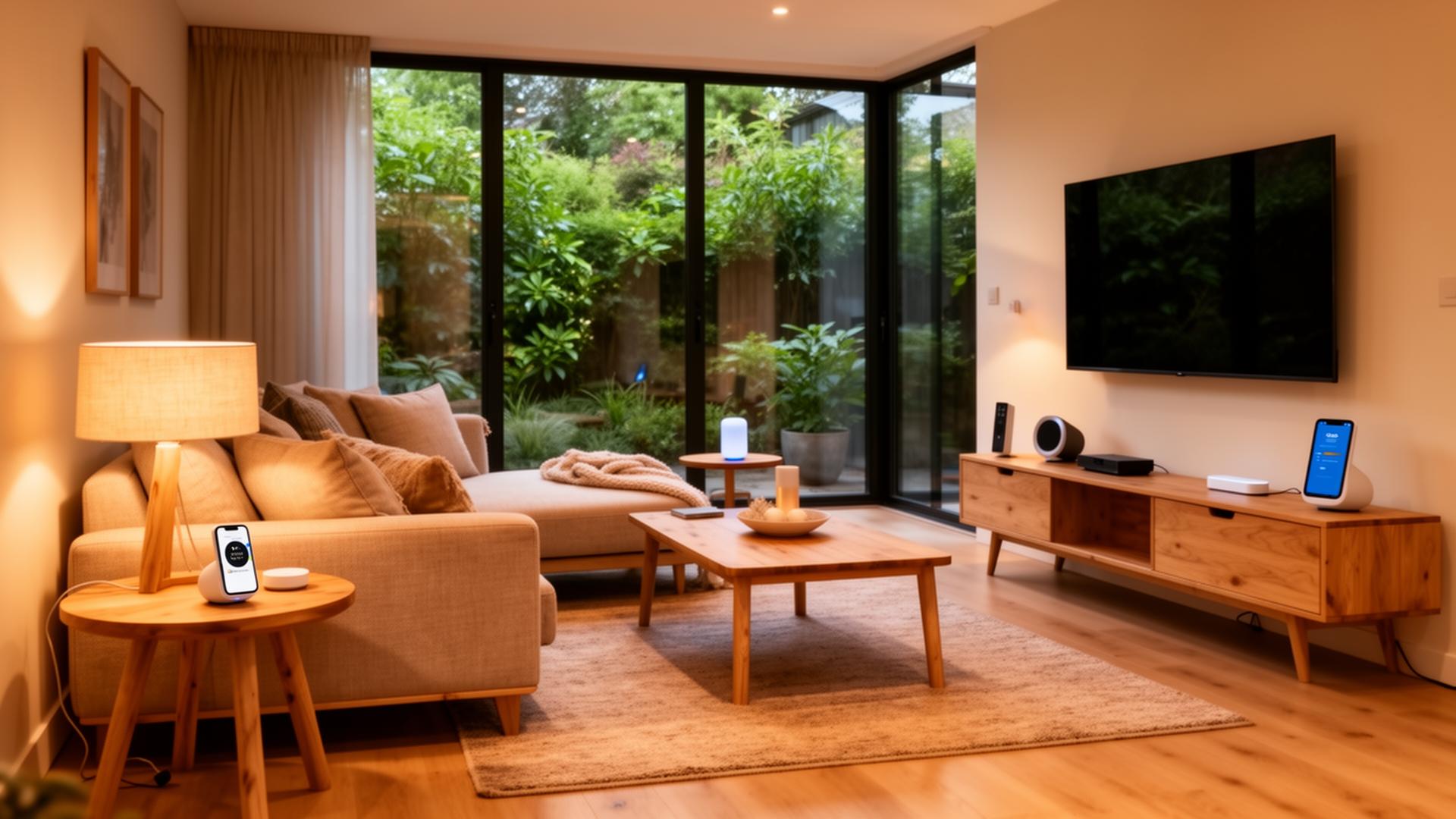 Cozy modern smart home living room with natural lighting and smart devices